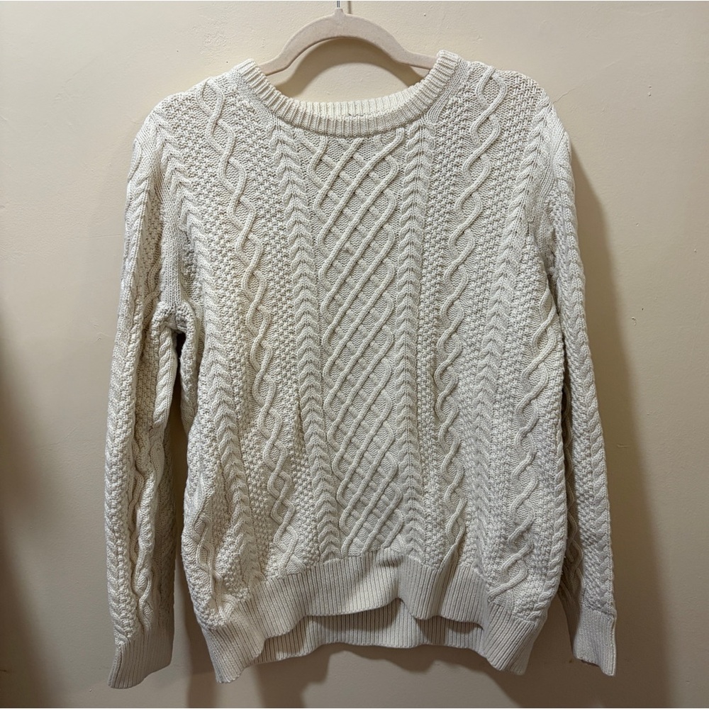 j crew white cream cable knit cotton crew neck sweater